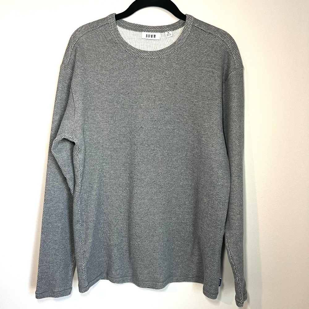 ROWM Waffle Knit Shirt Gray Long Sleeves Round Neck Cotton Thermal Winter Medium